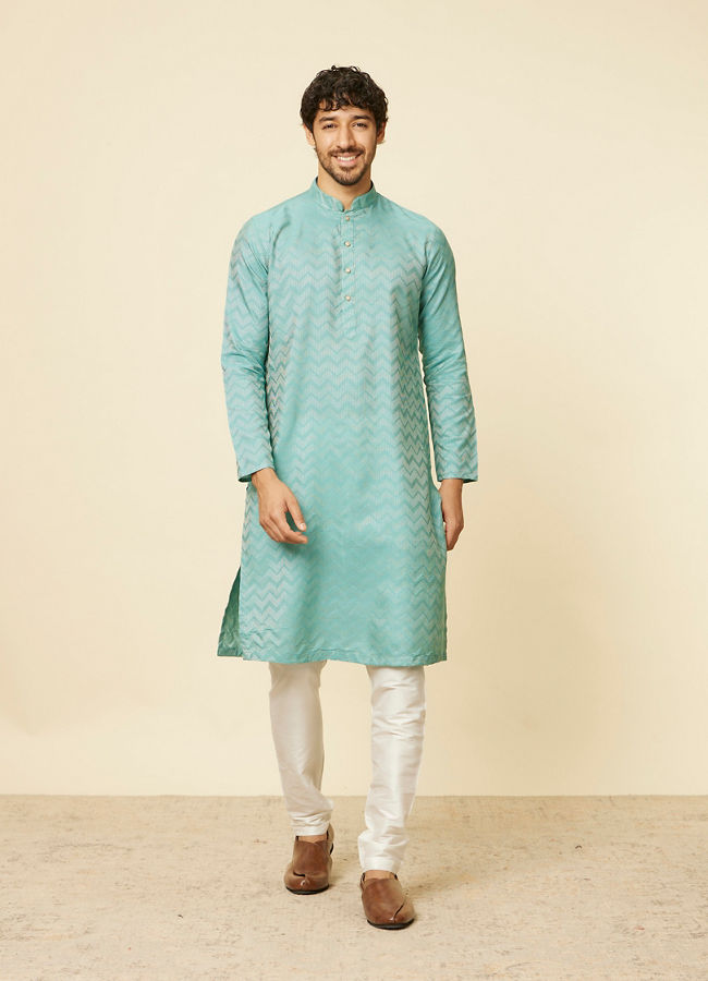 alt message - Manyavar Men Aqua Green Ikat Patterned Kurta Set image number 2